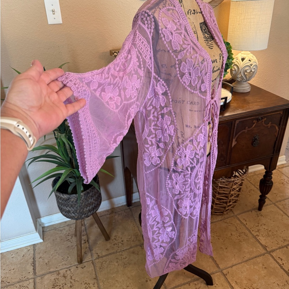 Forgotten Grace Vibrant Lavender Lace Embroidered Floral Sheer Kimono Duster - Picture 6 of 13